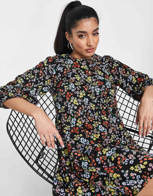 Black floral hot sale smock dress