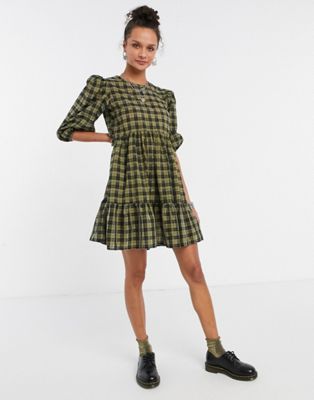 New Look mini smock dress in green plaid