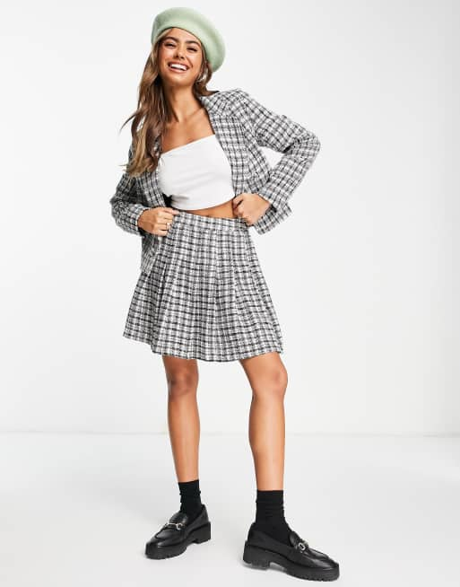 Black and white plaid mini skirt and blazer sale