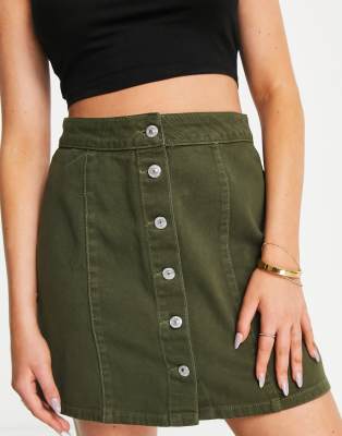 Minigonna di jeans svasata con bottoni sul davanti color kaki-Verde - New Look Gonna donna Verde