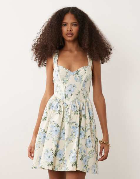 New Look – Minikleid aus Bengaline in Cremeweiß mit Korsettdetail und Blumenmuster - view 1