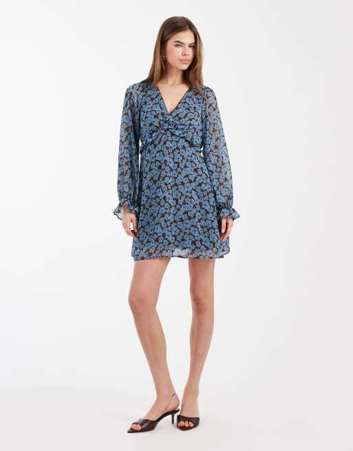 New Look – Minikleid aus Chiffon in Blau geblümt mit V-Ausschnitt, 2 von 4