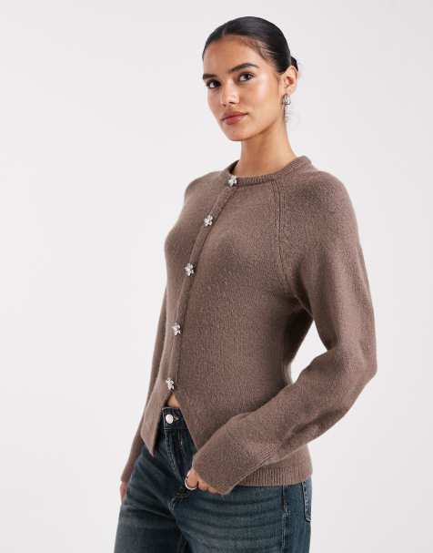 New Look – Minkfärgad kofta med strassprydda blommor - view 1