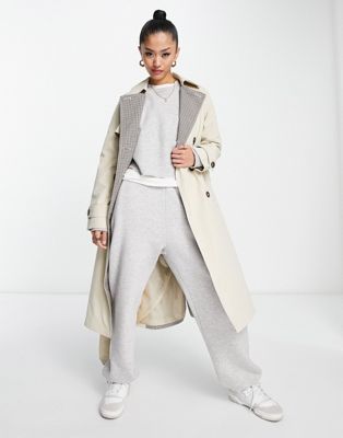 New Look mixed check contrast trench coat in camel
