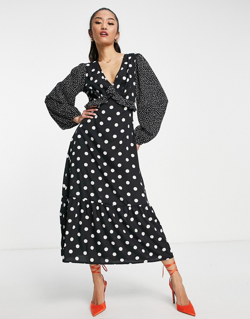 New Look mixed polka dot midi dress with open back in black and white