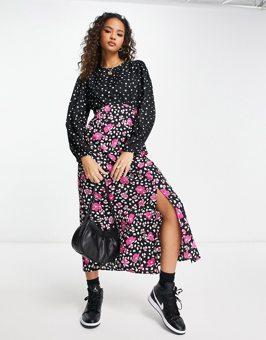 New Look mixed print long sleeved midi dress with side split in black