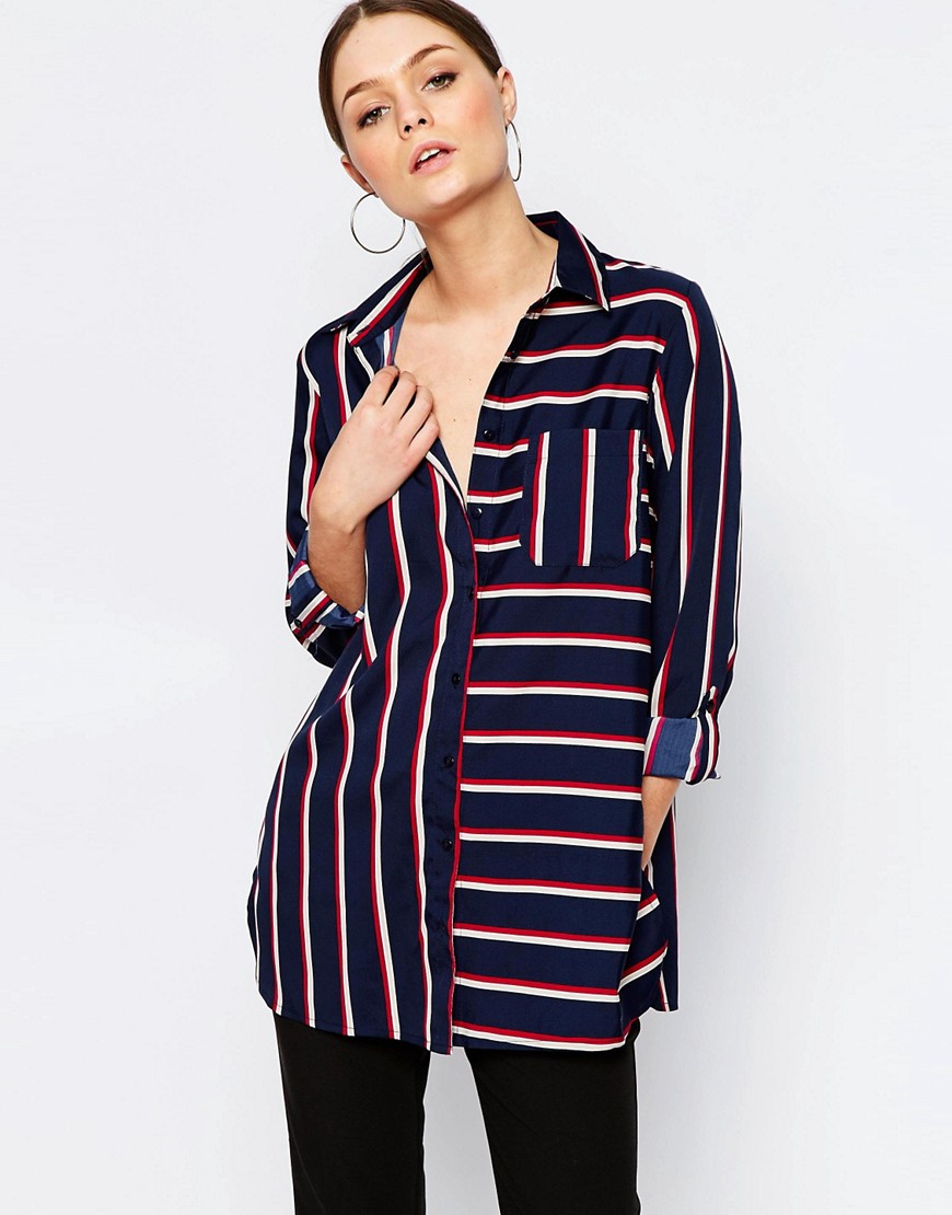 New Look Mixed Stripe blouse with pocket detail-Blue