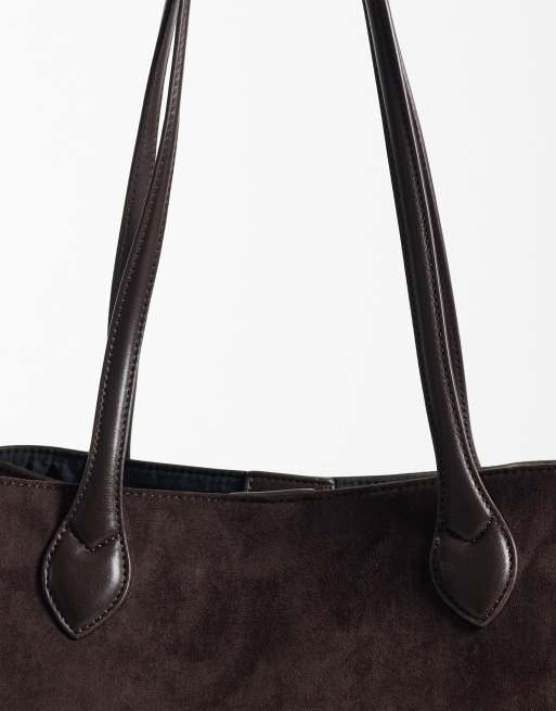 New Look mixed suedette tote bag in dark brown, 2 of 4