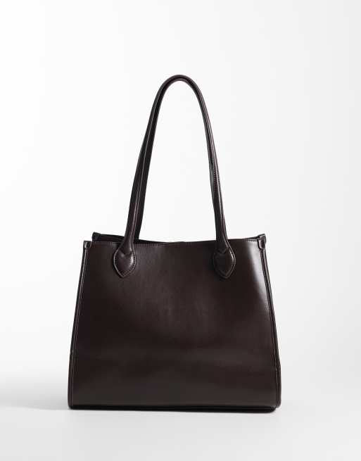 New Look mixed suedette tote bag in dark brown, 4 of 4