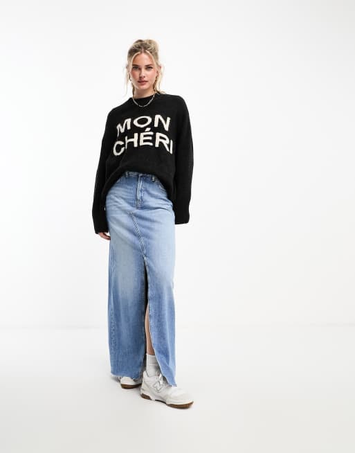 New Look Mon Cheri slogan jumper in dark grey ASOS