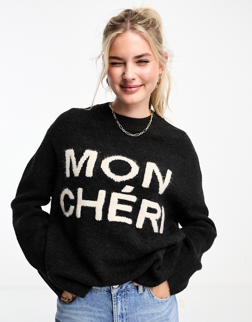 New Look Mon Cheri slogan jumper in dark grey