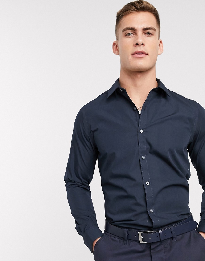 New Look – Mörkblå långärmad poplinskjorta-Marinblå