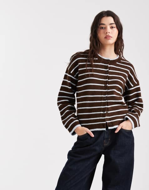 New Look – Mörkbrun, randig kofta med rund halsringning - view 1