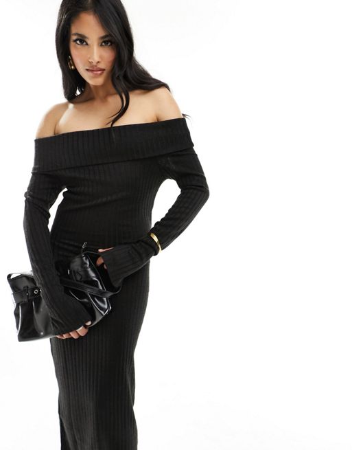 New Look – Mörkgrå midiklänning med långa ärmar och bardot-ringning
