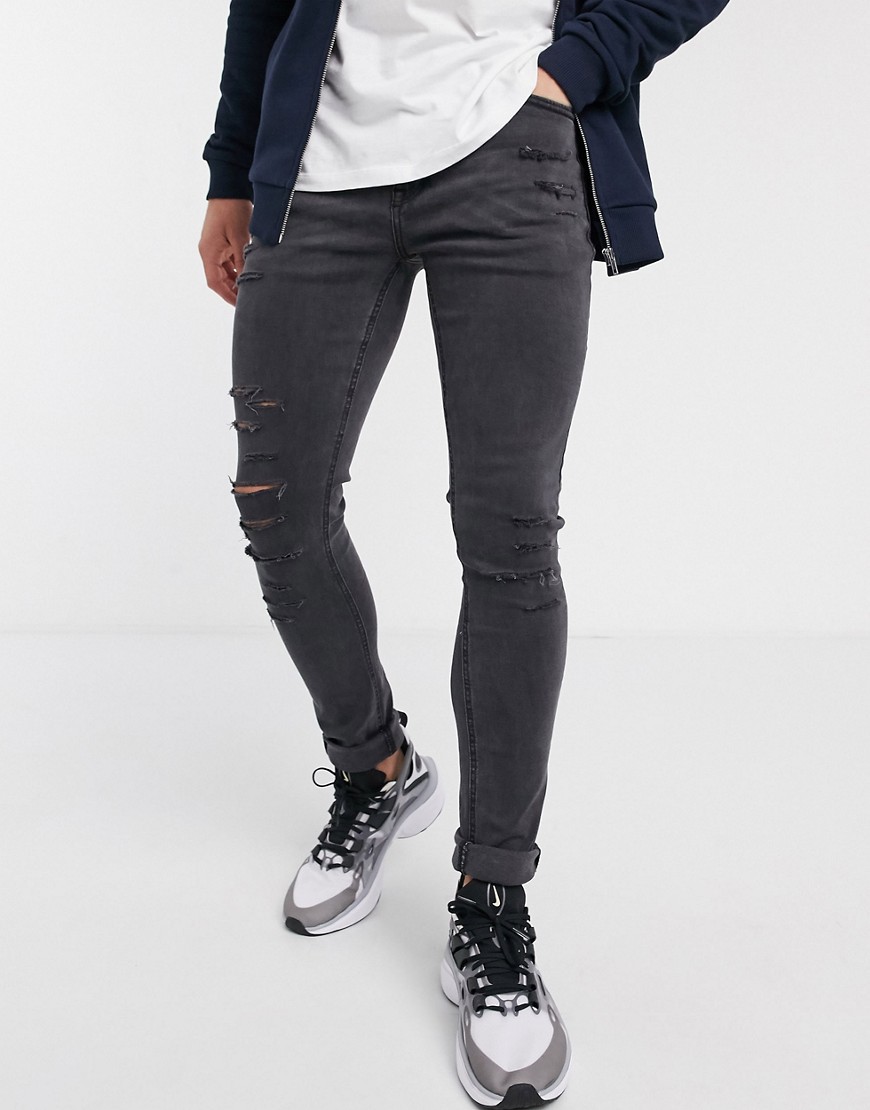 new look - mörkgrå slitna skinny jeans-svart