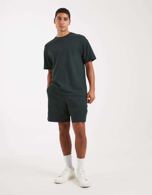 New Look – Mörkgrön, våfflad t-shirt i oversize, del av set, 2 av 5