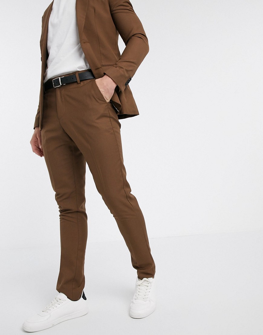 New Look – Mörkt kamelfärgade kostymbyxor med extra smal passform-Guldbrun