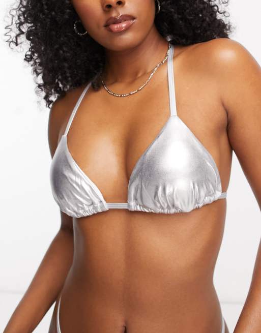 Metallic silver wet-look triangle halter bralette/ bikini