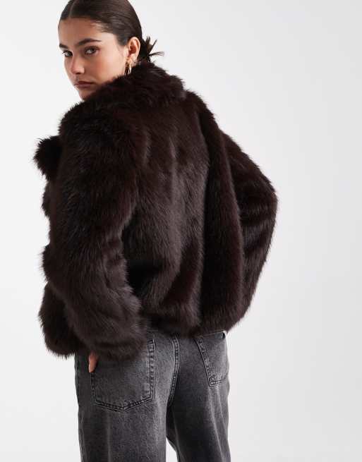 New Look - Mørkebrun cropped jakke i imiteret pels, 2 af 4