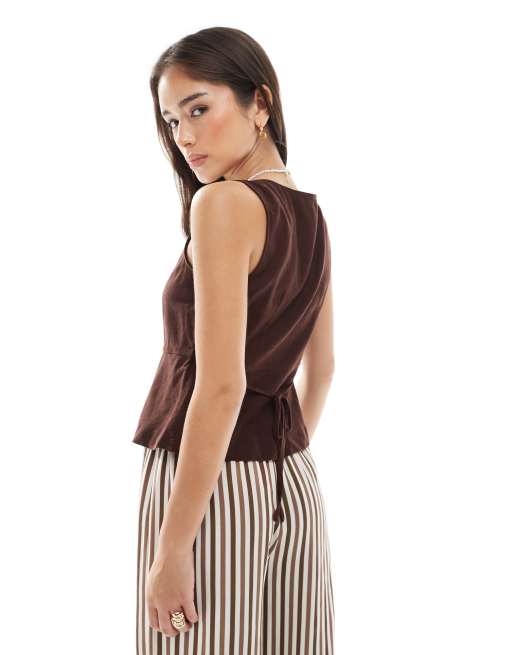New Look - Mørkebrun shell-top med peplum-kant i hørblanding, 2 af 4