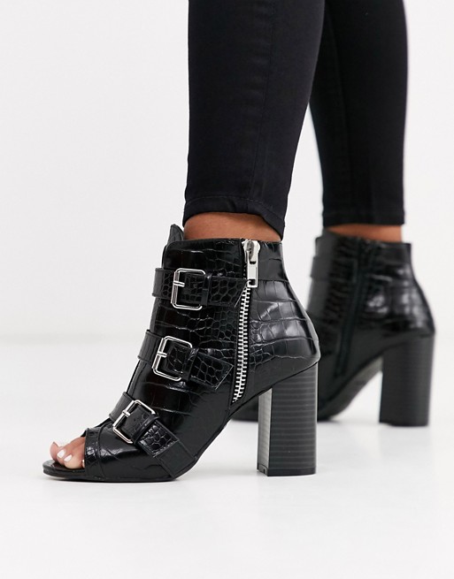 New Look multi strap block heel boot in black