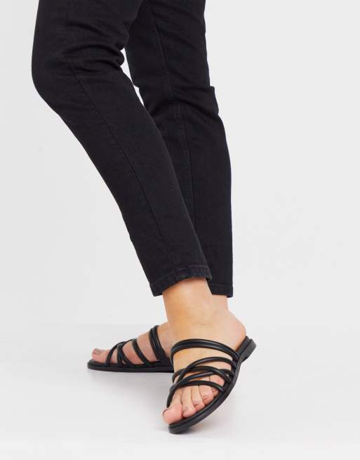 Multi Strap Flat Sandals - Black Leather