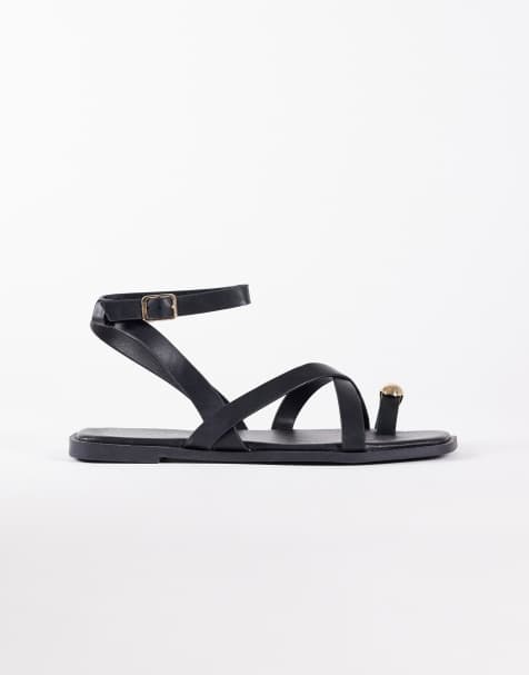 New Look multi strap gold detail toe loop sandals in black - view 1