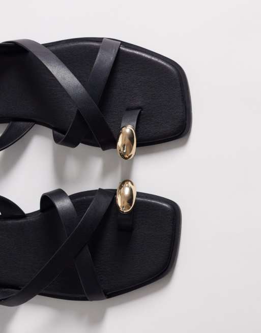 New Look multi strap gold detail toe loop sandals in black, 3 of 4