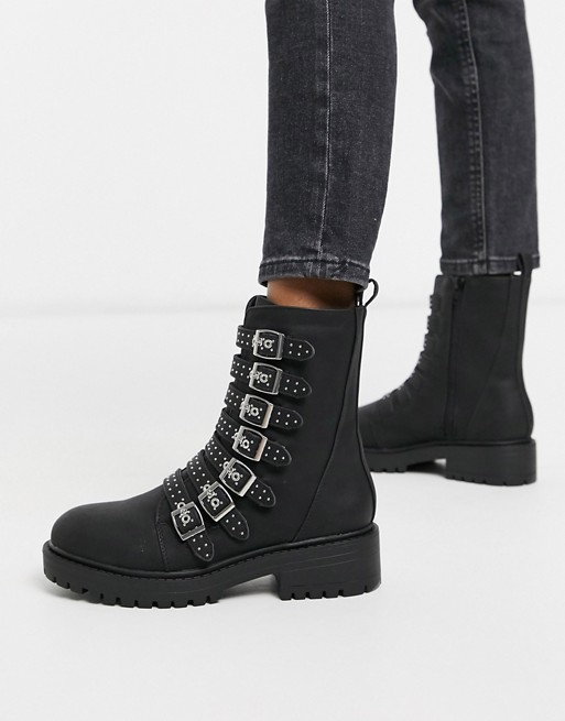 New Look multi strap studded flat boots in black