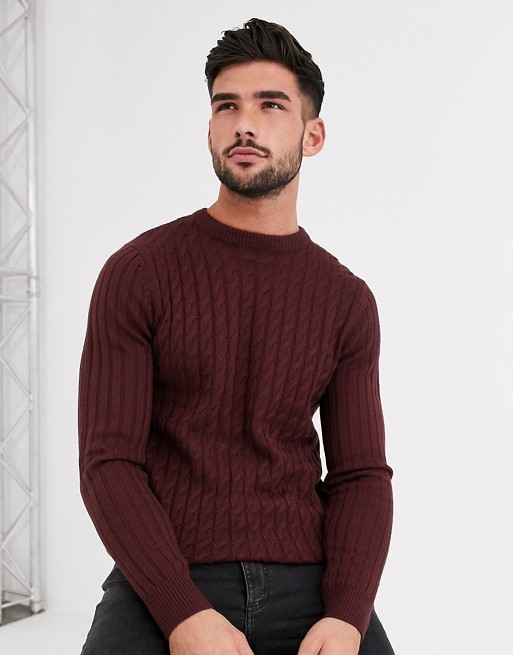 New Look muscle fit cable knit jumper in burgundy