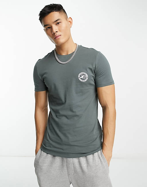 New Look muscle fit chest print t-shirt in khaki | ASOS