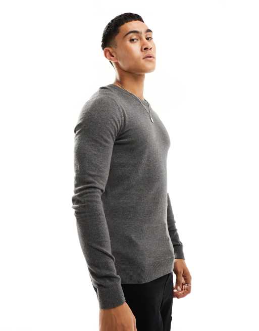 New Look muscle fit crew jumper in dark grey ASOS