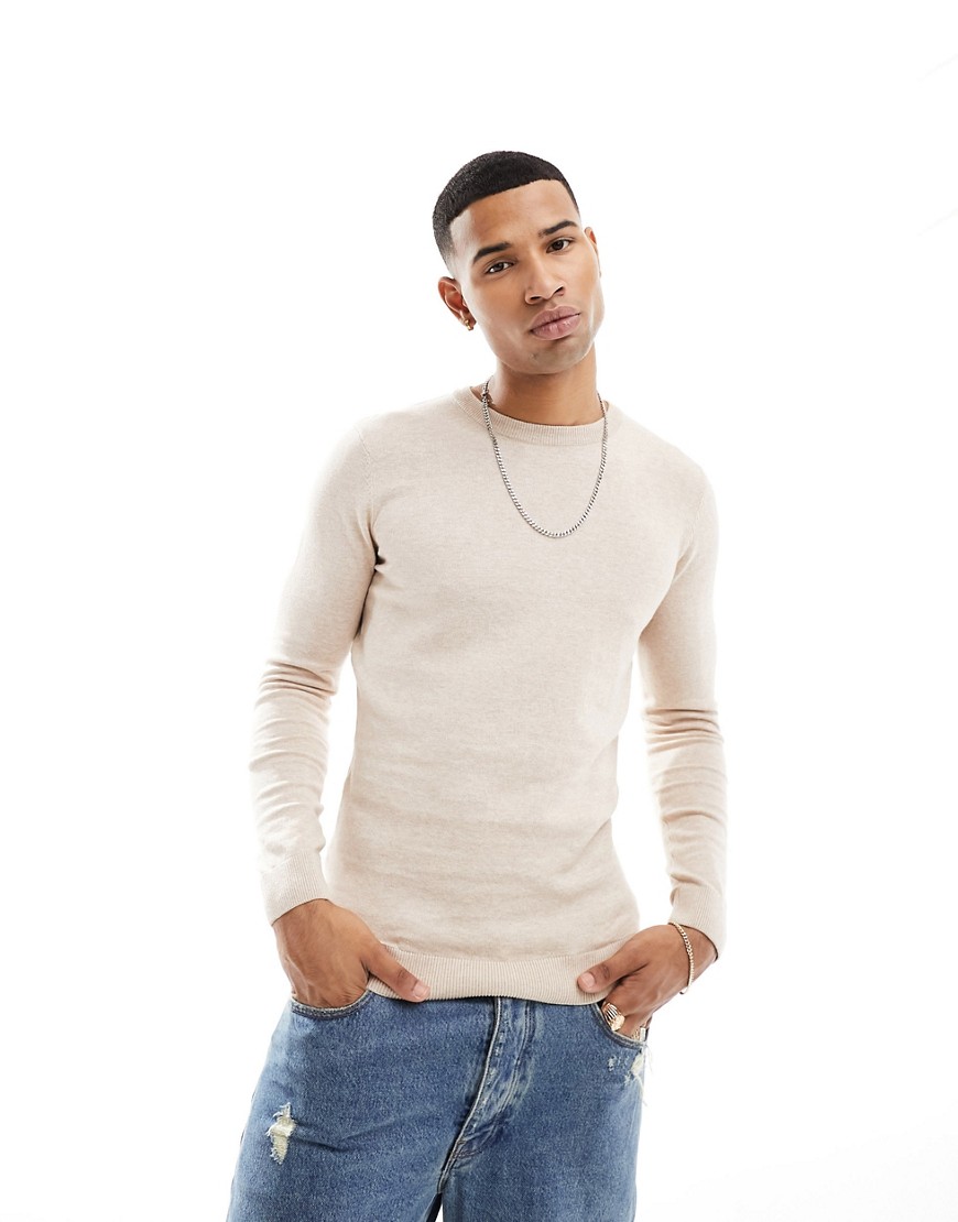 New Look muscle fit crew jumper in oatmeal-Neutral