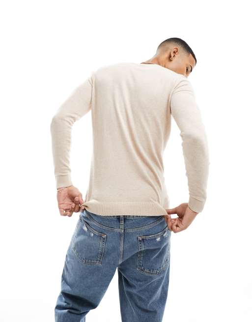New Look muscle fit crew jumper in oatmeal, 2 of 4