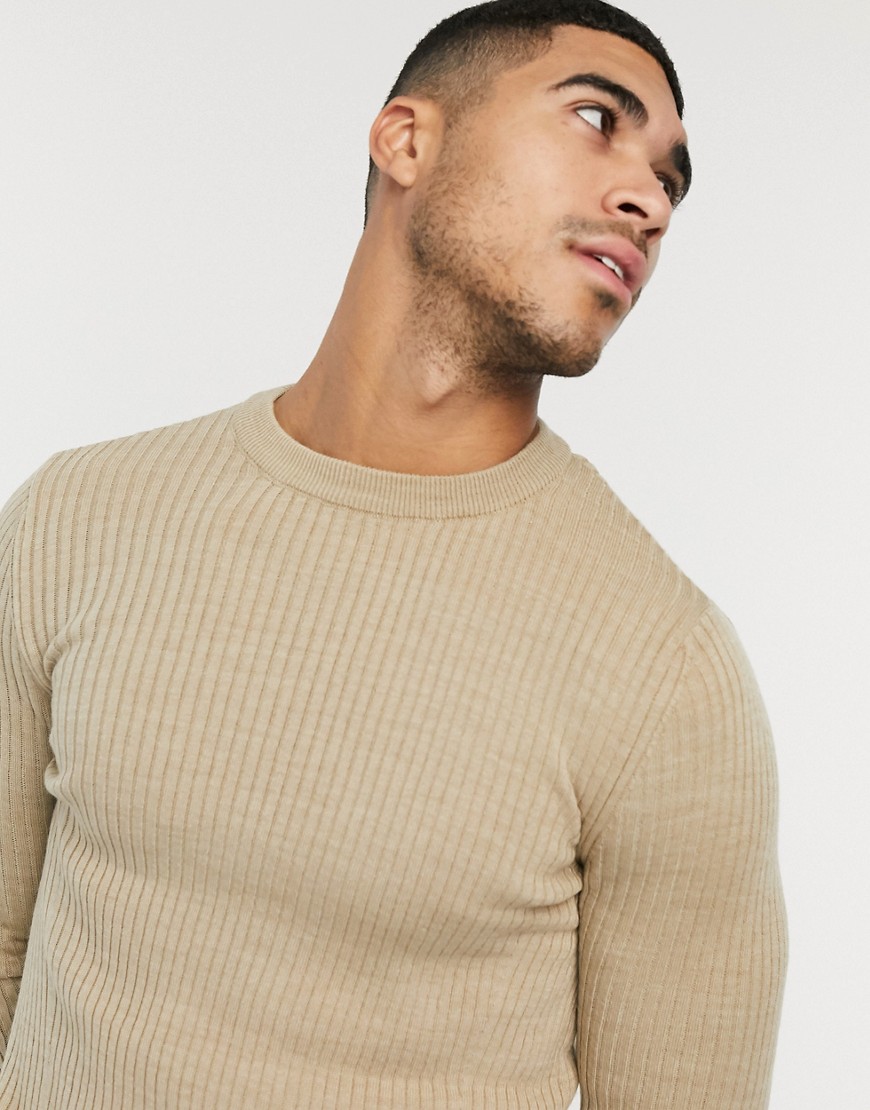 new look muscle fit crew neck knitted jumper in stone-neutral