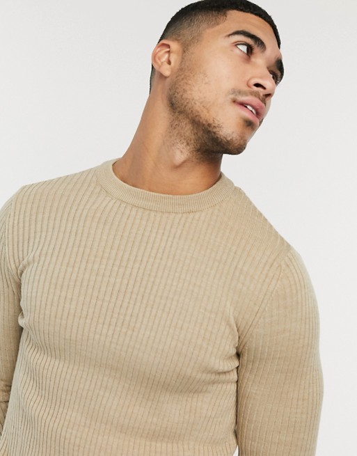 New Look muscle fit crew neck knitted jumper in stone