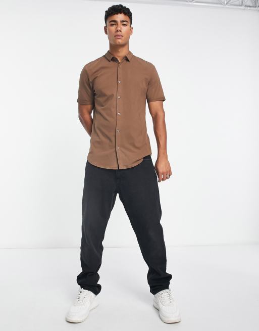 New Look - Muscle fit jersey overhemd in chocoladebruin, 3 van 4