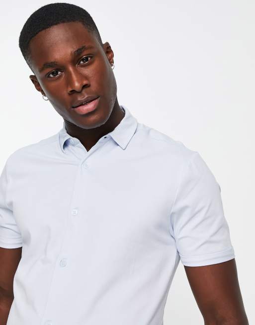 New Look - Muscle fit jersey overhemd met korte mouwen in lichtblauw