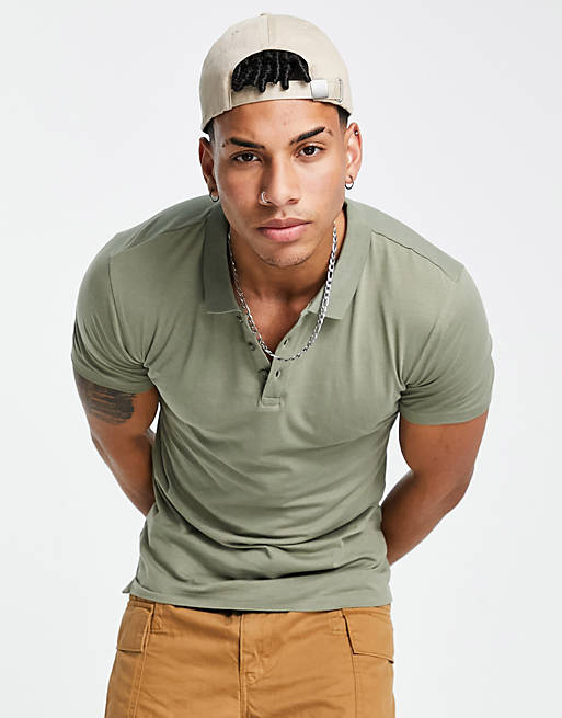 New Look muscle fit jersey polo in khaki