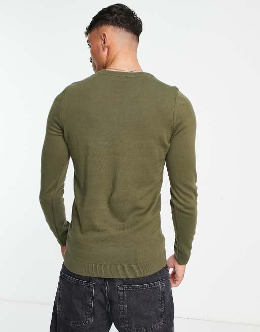 New Look muscle fit knit sweater in dark khaki