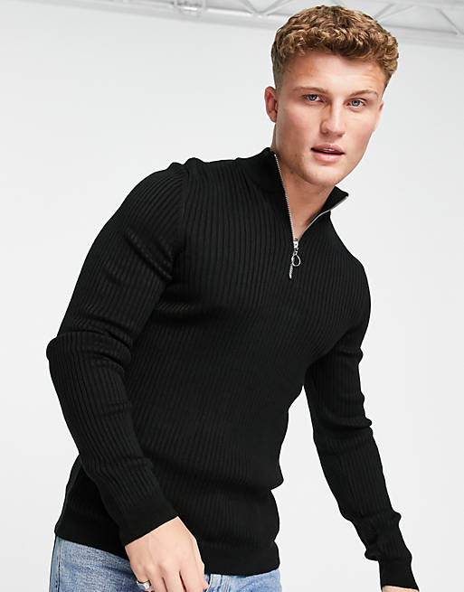 New Look muscle fit knitted jumper in black