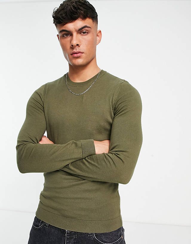 New Look - muscle fit knitted jumper in dark khaki