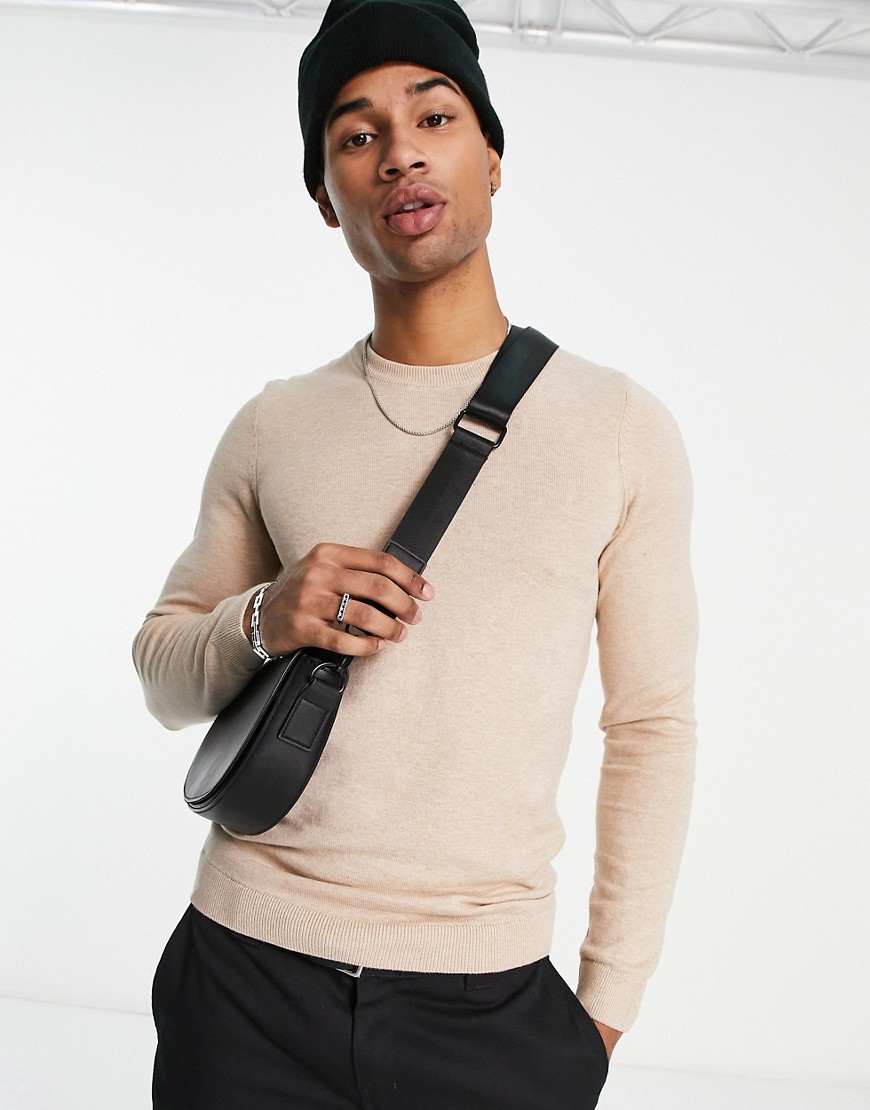 New Look muscle fit knitted jumper in oatmeal-Neutral