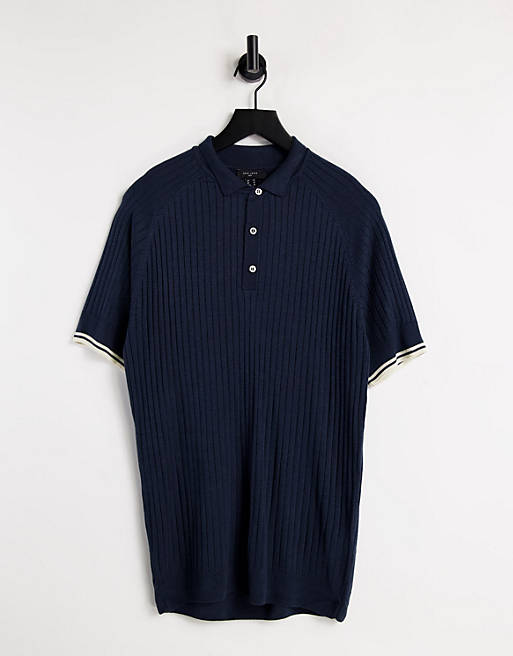 New Look muscle fit knitted polo in navy