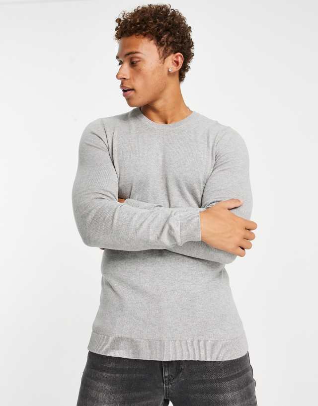 New Look muscle fit knitted sweater in light gray