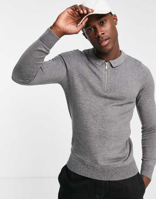 New Look muscle fit knitted zip neck jumper in grey | ASOS