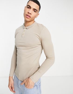 New Look muscle fit long sleeve polo in stone