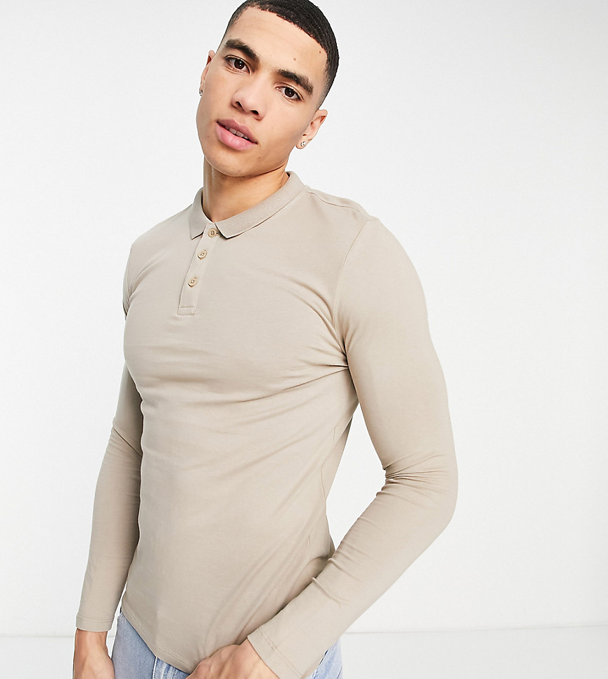 New Look Muscle Fit Long Sleeve Polo In Stone-Neutral