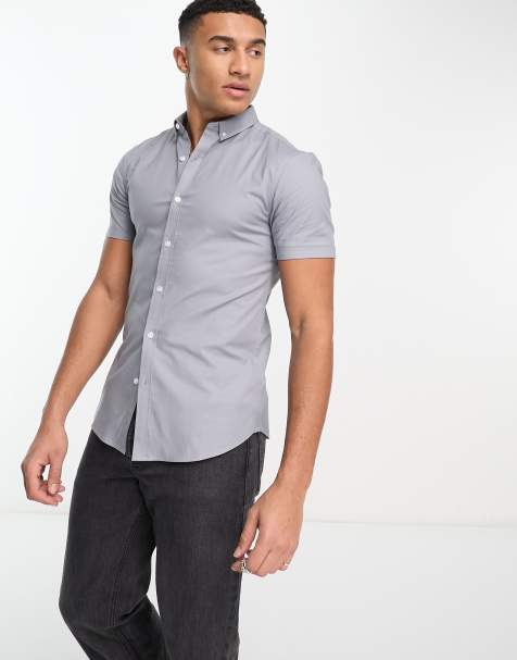 New Look - Muscle fit Oxford overhemd met korte mouwen in lichtgrijs - view 1