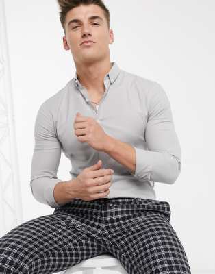 New Look - Muscle-fit Oxford overhemd met lange mouwen in grijs